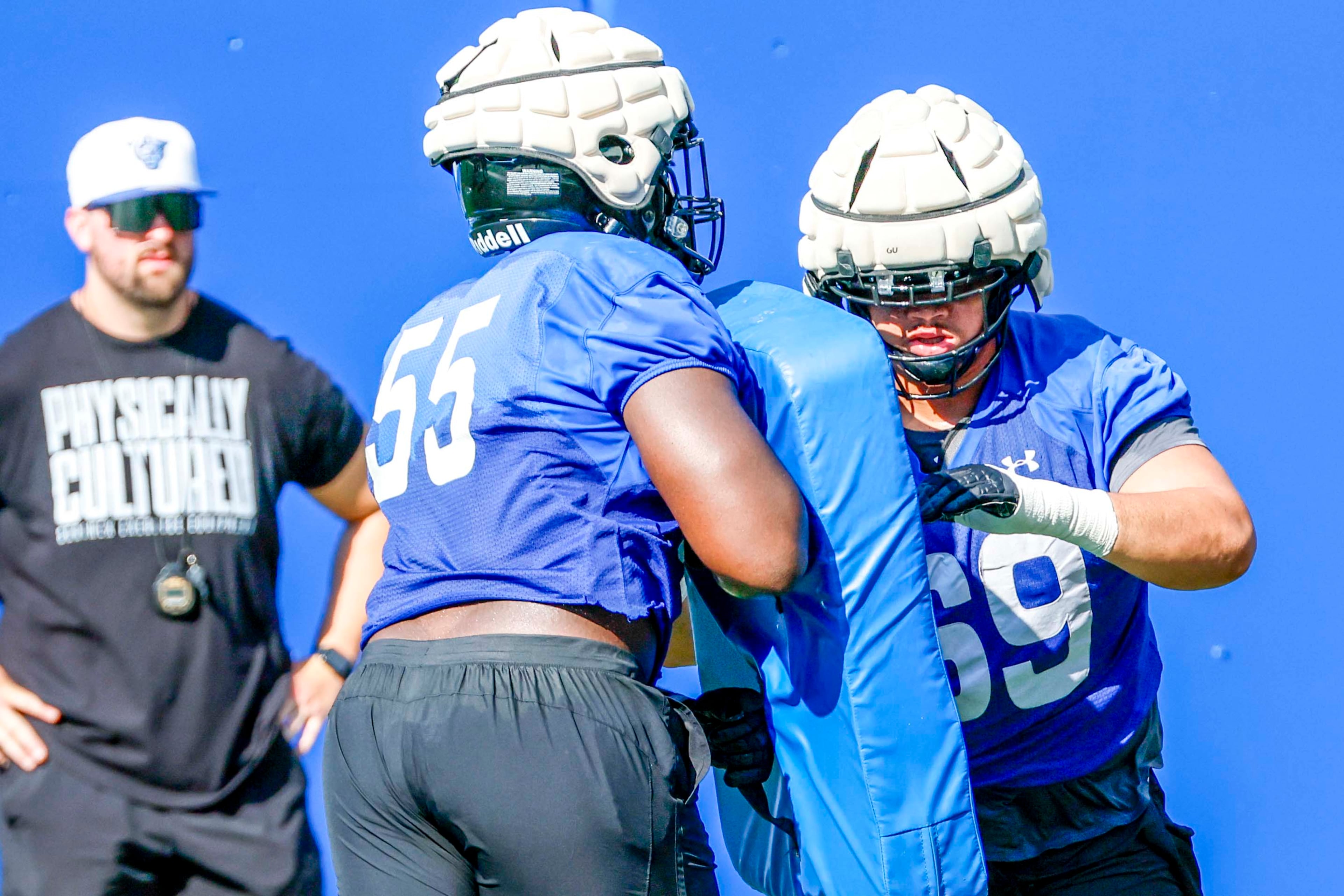 GSU linebacker Hunter Britt (69) works with linebacker Antonio Wesley (55) during Georgia State University’s first day of practice at Center Parc Stadium on Thursday, July 31, 2025, in Atlanta.
(Miguel Martinez/ AJC)