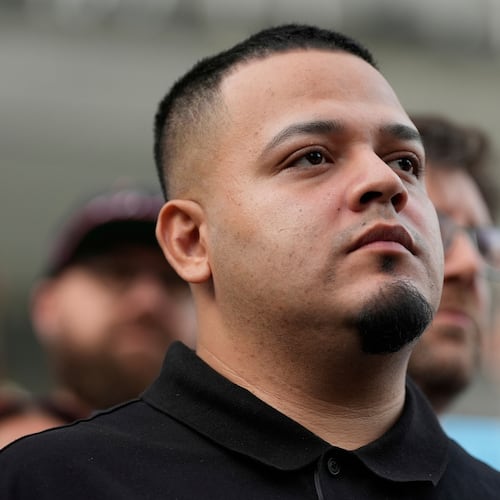 FILE - Kilmar Abrego Garcia attends a rally in his honor at the Immigration and Customs Enforcement field office in Baltimore on Aug. 25, 2025. (AP Photo/Stephanie Scarbrough, File)