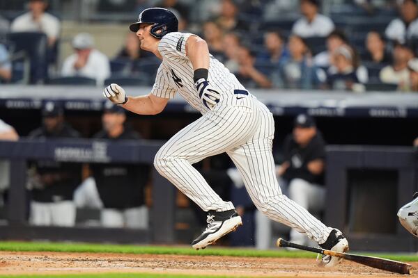 New York Yankees' DJ LeMahieu runs to first base for an RBI single during the fourth inning of a baseball game against the Athletics Friday, June 27, 2025, in New York. (AP Photo/Frank Franklin II)