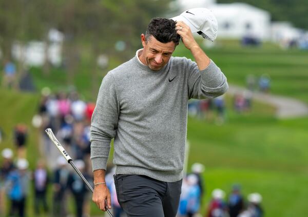 Rory McIlroy, of Northern Ireland ,reacts after missing a putt on the ninth green during the first round of the Canadian Open golf tournament in Caledon, Ontario, Thursday, June 5, 2025. (Frank Gunn/The Canadian Press via AP)