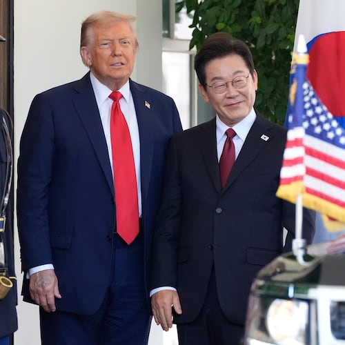 FILE - President Donald Trump, left, greets South Korean President Lee Jae Myung upon his arrival at the White House, on Aug. 25, 2025, in Washington. (AP Photo/Alex Brandon, File)