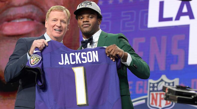 The Baltimore Ravens select Lamar Jackson with the 32nd overall pick during the NFL Draft at AT&T Stadium in Arlington, Texas, on Thursday, April 26, 2018. (Max Faulkner/Fort Worth Star-Telegram/TNS)