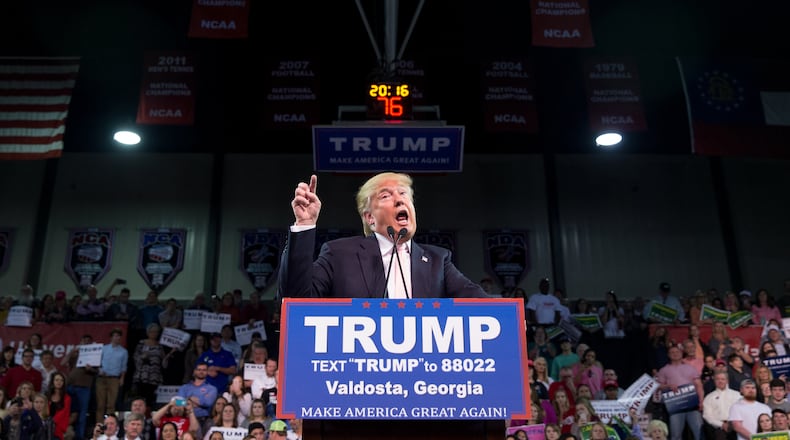Republican presidential candidate Donald Trump speaks at a rally at Valdosta State University in Valdosta, Ga., Monday, Feb. 29, 2016. (AP Photo/Andrew Harnik)