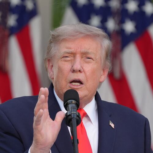 President Donald Trump speaks at a Rose Garden Club dinner with farmers, in the Rose Garden of the White House, Thursday, June 25, 2026, in Washington. (AP Photo/Jacquelyn Martin)