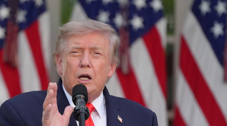 President Donald Trump speaks at a Rose Garden Club dinner with farmers, in the Rose Garden of the White House, Thursday, June 25, 2026, in Washington. (AP Photo/Jacquelyn Martin)