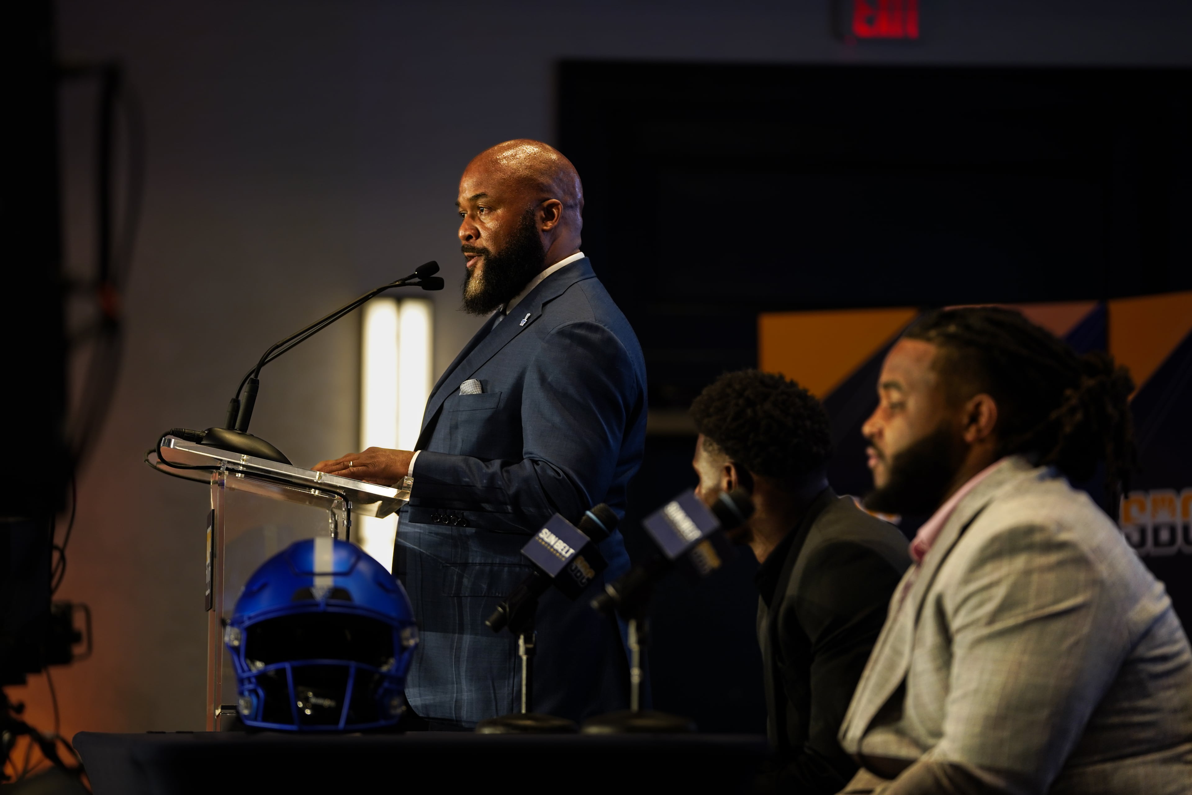 Georgia State head coach Dell McGee and players Ted Hurst and Henry Bryant take questions at the Sun Belt Conference media event on Wednesday, July 23, 2025. (Courtesy of Sun Belt Conference)