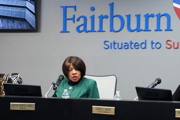 Fairburn's new mayor, Hattie Portis-Jones, previously was a Fairburn City Council member. She referred questions about Samuel Perry's appointment to council to the city's attorney, who declined to comment. Here Portis-Jones speaks during the council meeting at Fairburn City Hall on Monday, Jan. 12, 2026. (Jason Getz/AJC)
