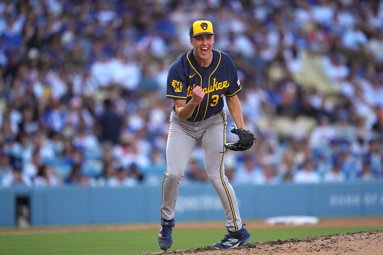 Milwaukee Brewers starting pitcher Jacob Misiorowski celebrates after striking out the Dodgers' Tommy Edman on Saturday, Aug. 15, 2026 in Los Angeles. The ace will face the Braves on Friday afternoon. (Mark J. Terrill/AP)