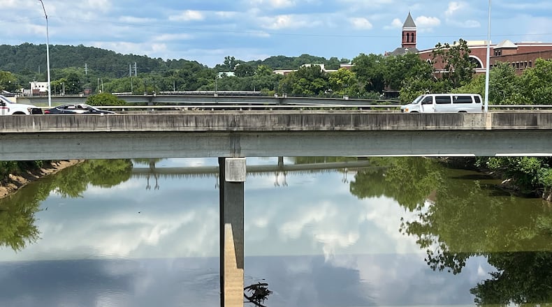 The Oostanaula and Etowah rivers meet in Rome, Georgia, near the bridge seen here. Six years ago, Rome officials were forced to switch the city’s water supply from the Oostanaula to the Etowah. The city is among 10 North Georgia communities where PFAS chemicals have been found in drinking water supplies at higher levels than the Environmental Protection Agency declares is safe. (Andy Miller/KHN)