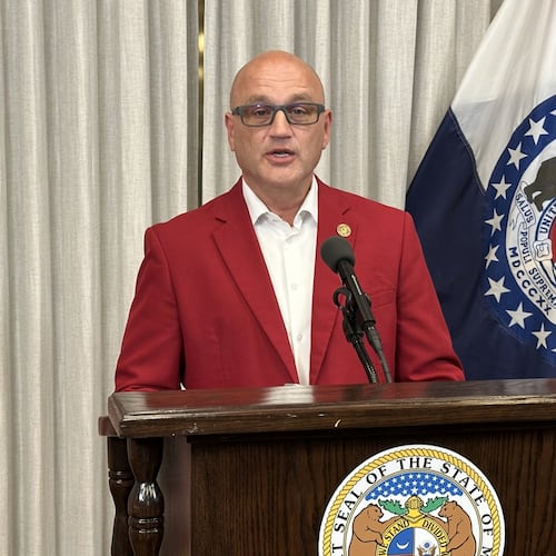 Missouri Secretary of State Denny Hoskins talks to reporters Tuesday, Aug. 4, 2026, at his office in the state Capitol in Jefferson City, Mo. (AP Photo/David A. Lieb)