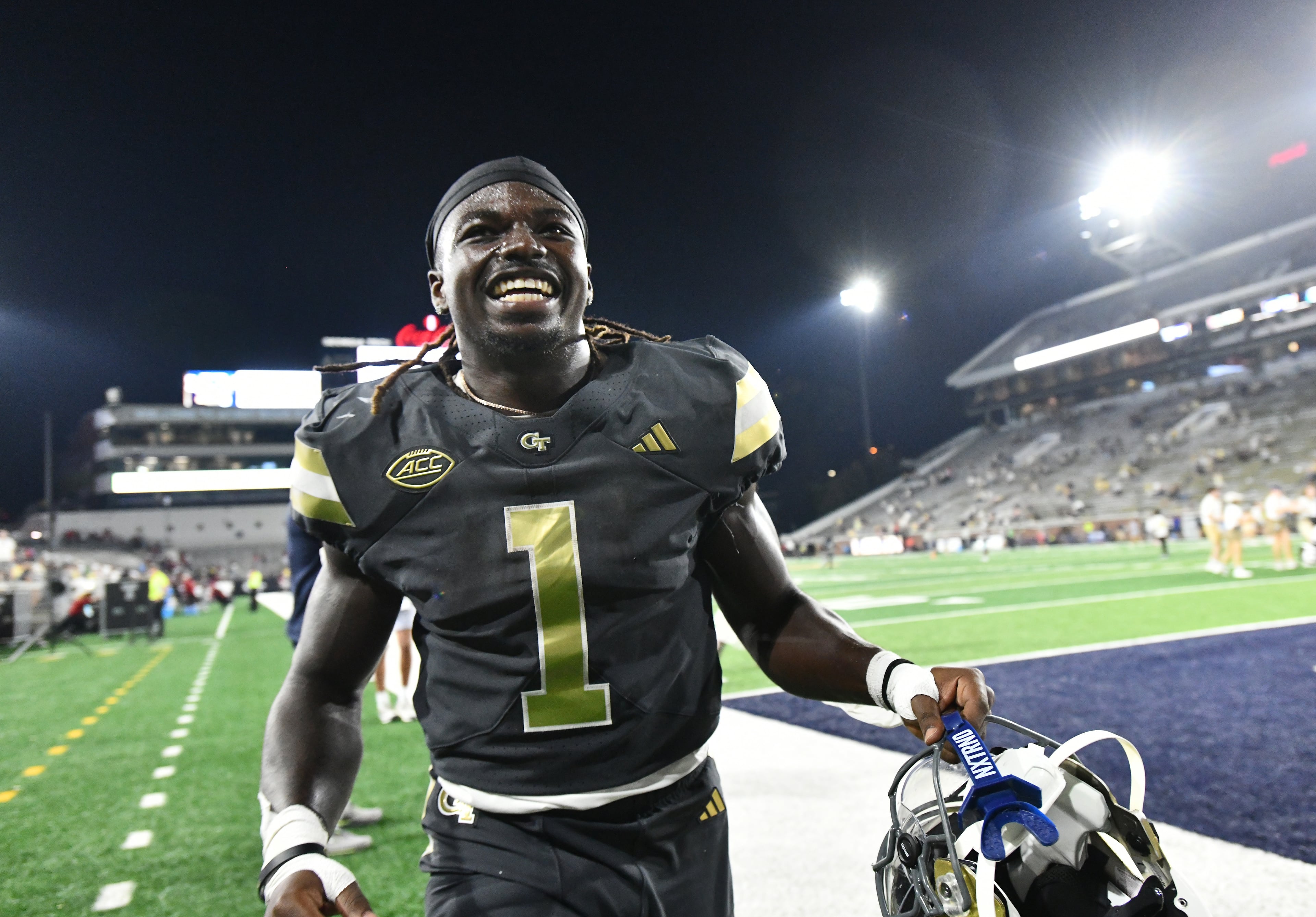 Georgia Tech running back Jamal Haynes (1) celebrates after Georgia Tech beat Temple during an NCAA college football game at Georgia Tech's Bobby Dodd Stadium, Saturday, November 20, 2025 in Atlanta. Georgia Tech won 45-24 over Temple. (Hyosub Shin / AJC)