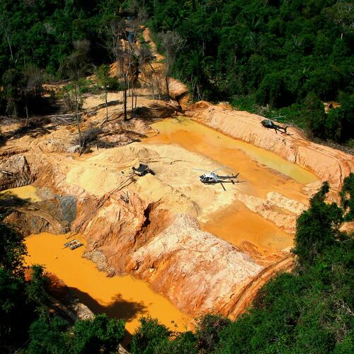 FILE - An illegal mining camp is visible from a Brazil Environmental Agency helicopter during an operation to try to contain illegal mining in Yanomami Indigenous territory, Roraima state, Brazil, Feb. 11, 2023. (AP Photo/Edmar Barros, File)