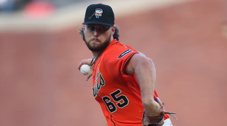 San Francisco Giants pitcher Landen Roupp throws to a Chicago Cubs batter during the first inning of a baseball game Friday, June 12, 2026, in San Francisco, Calif. (AP Photo/Scott Marshall)