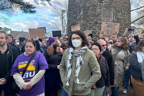 Hundreds of people gather in Somerville, Mass., on March 26, 2025, to demand the release of Rumeysa Ozturk, a Turkish student at Tufts University, who was arrested by federal agents Tuesday night. (AP Photo/Michael Casey)