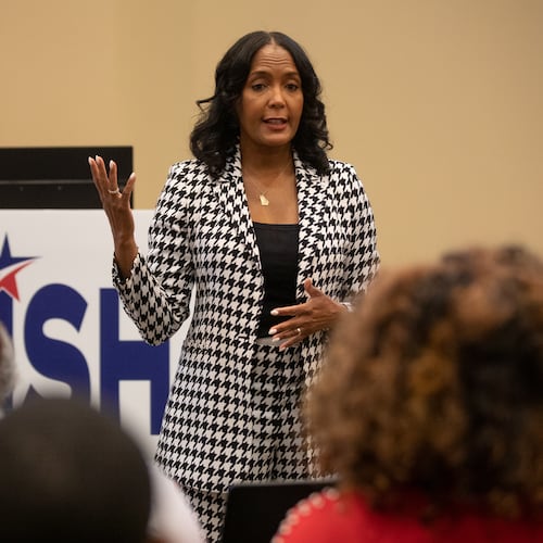 Former Atlanta Mayor Keisha Lance Bottoms speaks with voters at the Columbus Public Library on May 12, 2026 as part of her final statewide push ahead of the Democratic gubernatorial primary election.