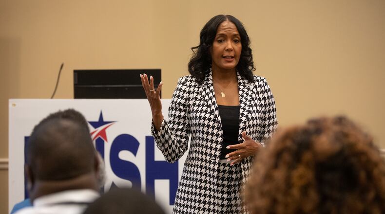 Former Atlanta Mayor Keisha Lance Bottoms speaks with voters at the Columbus Public Library on May 12, 2026 as part of her final statewide push ahead of the Democratic gubernatorial primary election.