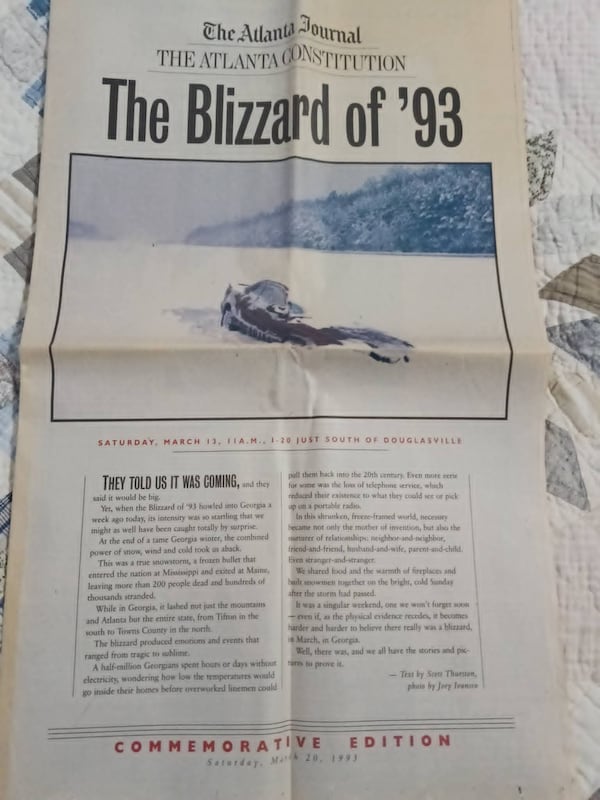 Kathleen Whitehead still has her copy of The Atlanta Journal-Constitution from the Blizzard of 1993. (Photo provided by Kathleen Whitehead)
