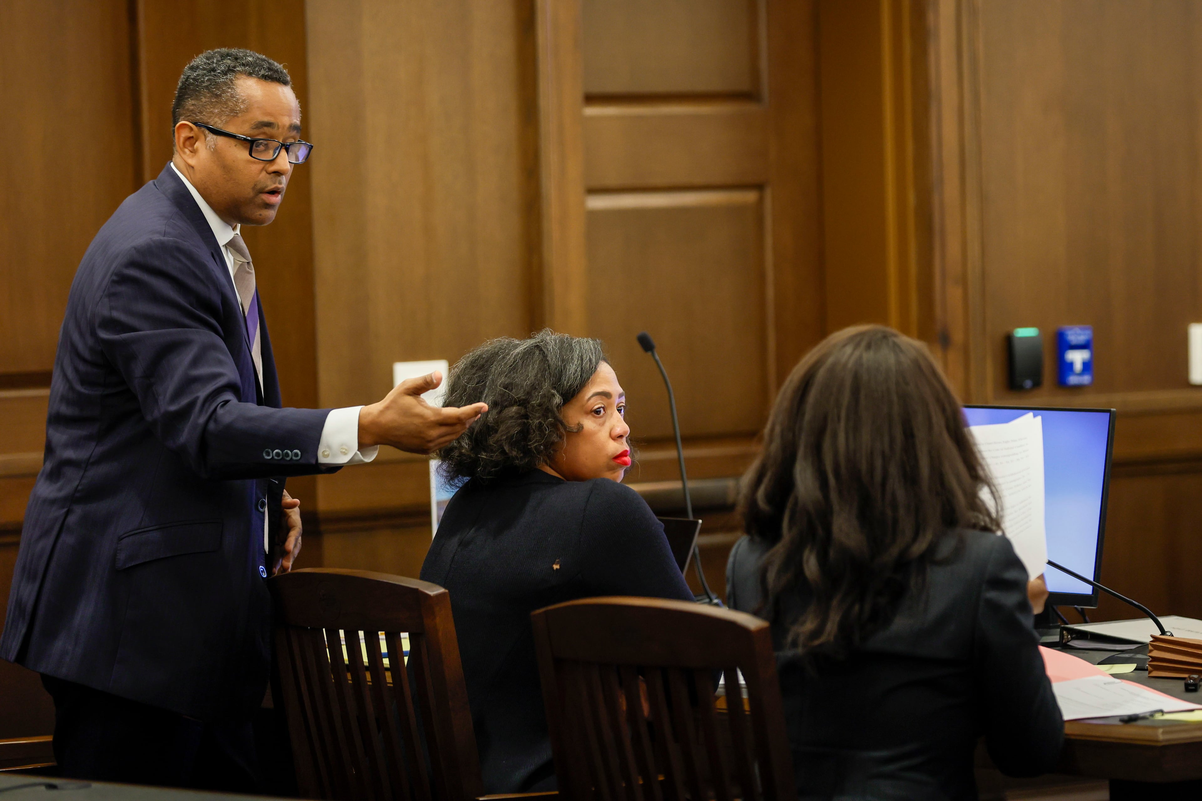 Fulton County Superior Court Judge Shermela Williams (center) is flanked in court by her attorneys, Gabe Banks and Jamala McFadden, during the first day of Williams' misconduct trial in Atlanta on Wednesday, May 21, 2025.
(Miguel Martinez/ AJC)
