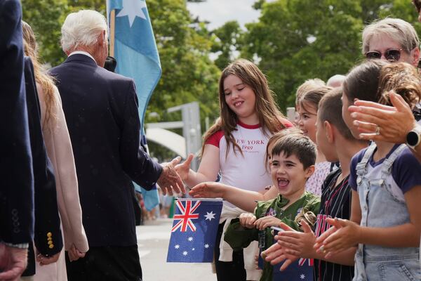 Children react as veterans march during the Anzac Day commemorations in Nelson Bay, Australia, Friday, April 25, 2025. (AP Photo/Mark Baker)