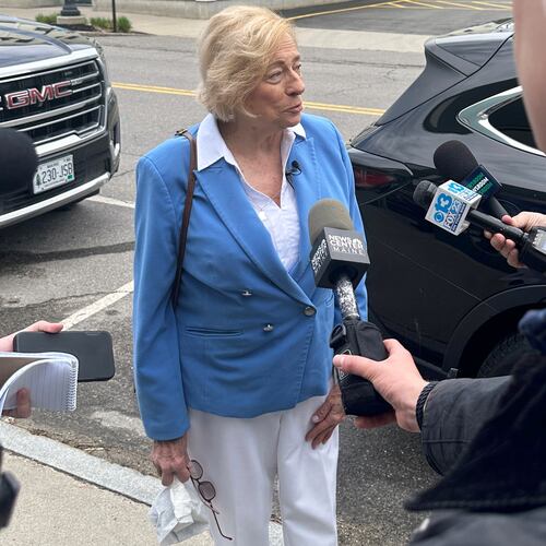Maine Gov. Janet Mills talks to reporters Friday, April 17, 2026, in South Portland, Maine. (AP Photo/Patrick Whittle)