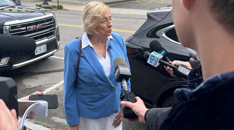 Maine Gov. Janet Mills talks to reporters Friday, April 17, 2026, in South Portland, Maine. (AP Photo/Patrick Whittle)