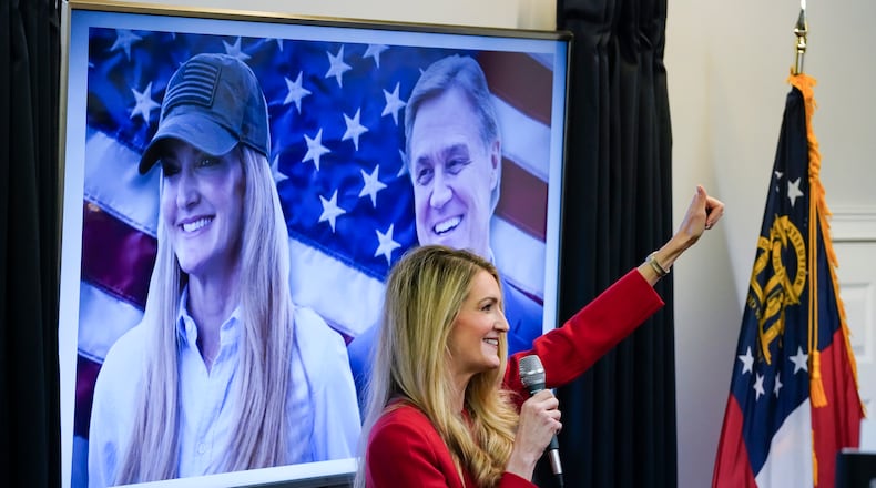 Sen. Kelly Loeffler (R-Ga.) speaks at a rally to unite Georgia conservatives behind Loeffler and Sen. David Perdue (R-Ga.) in Marietta, Ga., Wednesday, Nov. 11, 2020. The only way for Republicans to retain their Senate majority is if at least one incumbent prevails. (Nicole Craine/The New York Times)