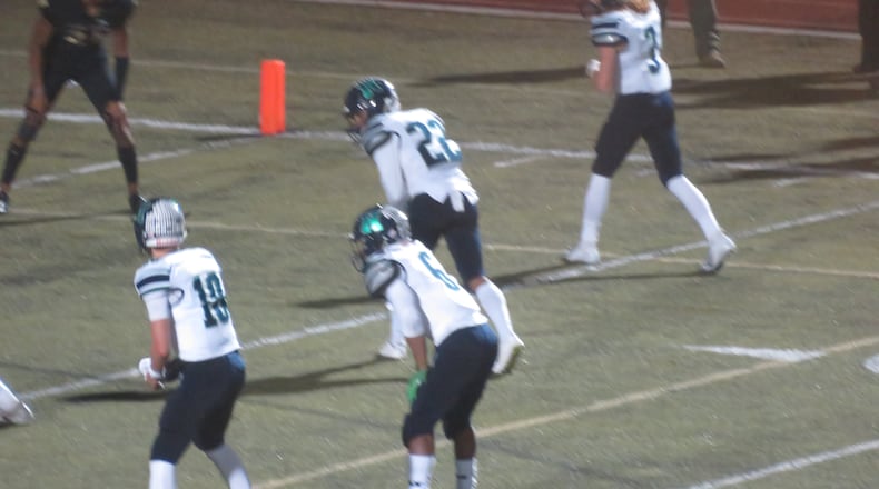 Harrison Hoyas running back David Roberts (6) lines up in the backfield during a game against the Johns Creek Gladiators in the first round of the Class AAAAAA playoffs on Friday, Nov. 9, 2018 at The Colosseum in Johns Creek. (Adam Krohn/special)