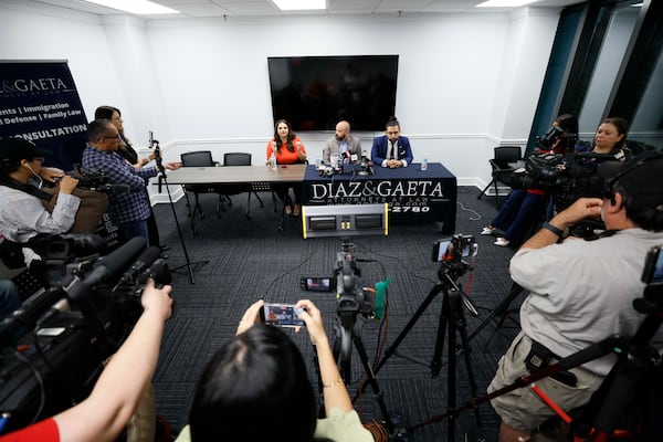At a news conference Tuesday, June 17, 2025, in Cobb County, Guevara’s daughter, Katherine Guevara (left), said it was “terrifying” to learn that ICE had detained her father. “We’ve always been very, very close. And I just couldn’t believe it,” she said. (Miguel Martinez/AJC)