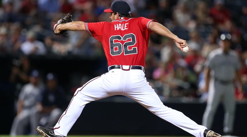 Braves' David Hale (62) delivers a pitch in the 4th inning of their game against the San Diego Padres at Turner Field. JASON GETZ / JGETZ@AJC.COM