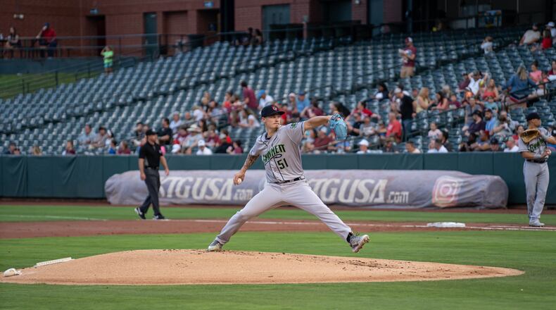 Braves prospect AJ Smith-Shawver pitches for the Gwinnett Stripers against the Memphis Redbirds on May 19, 2023. (Photo courtesy of the Memphis Redbirds)