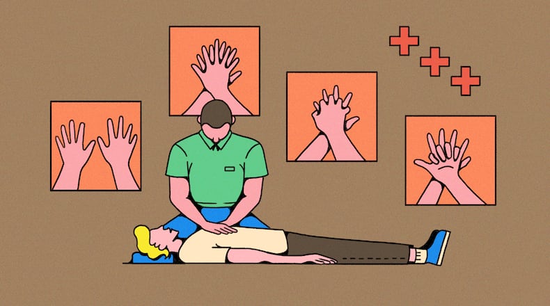 CPR keeps blood flow active in the patient, increasing their odds of being successfully resuscitated once trained medical help arrives. (Illustration: Broly Su/AJC)
