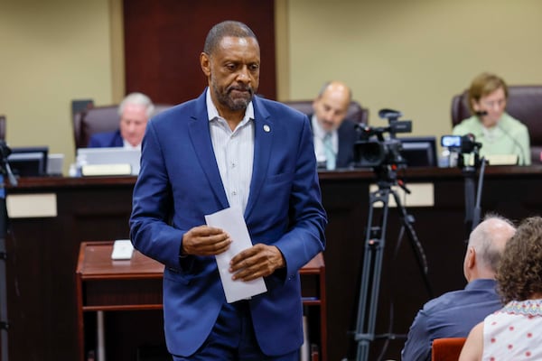 Secretary of State candidate Vernon Jones steps down from the podium after speaking at the State Election Board meeting held at the Dawson County Government Center on Wednesday, April 15, 2026. (Miguel Martinez/AJC)