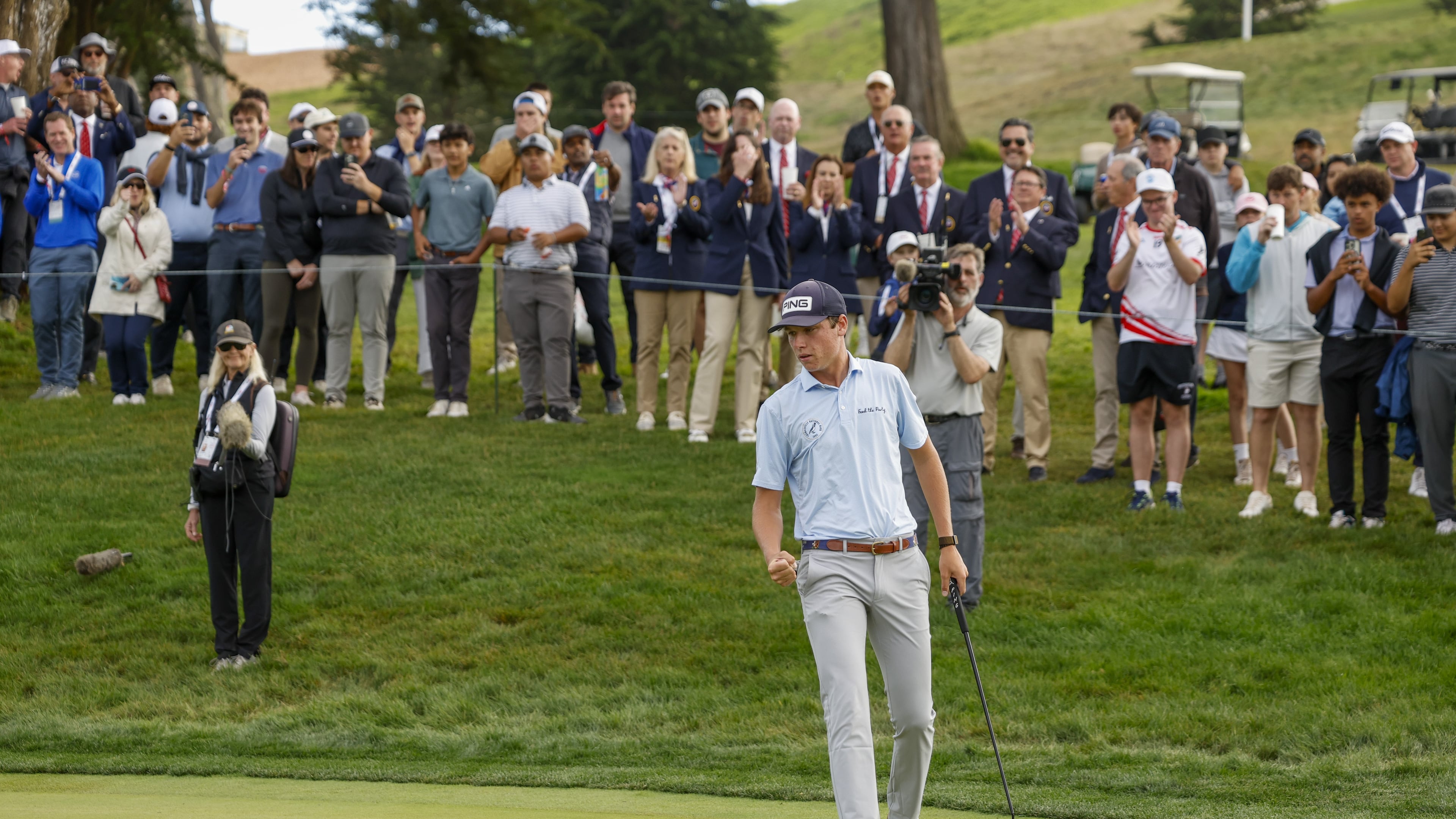 Mason Howell sinks his putt on the 29th hole during the final of the 2025 U.S. Amateur at The Olympic Club on Sunday, Aug. 17, 2025, in San Francisco. (Chris Keane/U.S. Golf Association)
