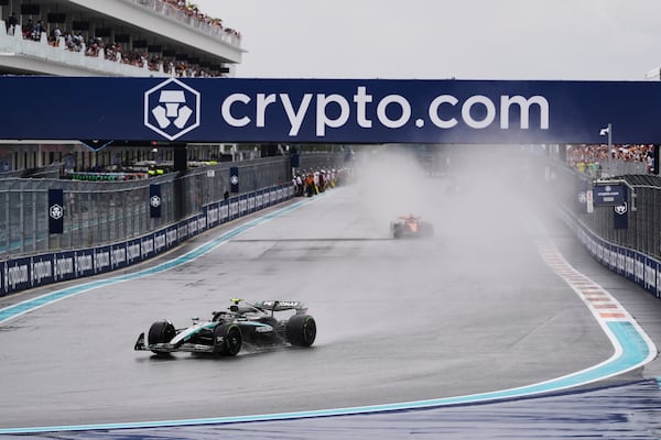 Drivers participate in a safety car lap before the Sprint race at the Formula One Miami Grand Prix auto race, Saturday, May 3, 2025, in Miami Gardens, Fla. (AP Photo/Rebecca Blackwell)