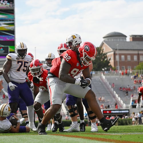Georgia defensive lineman Jordan Thomas celebrates after sacking Tennessee Tech's quarterback. (Hyosub Shin/AJC 2024)