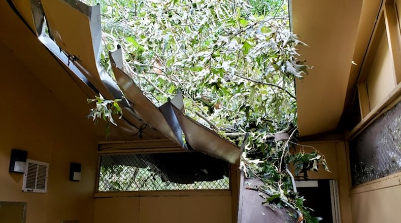 The restroom at Vann's Tavern on Lake Lanier was closed after storms Monday damaged its roof.