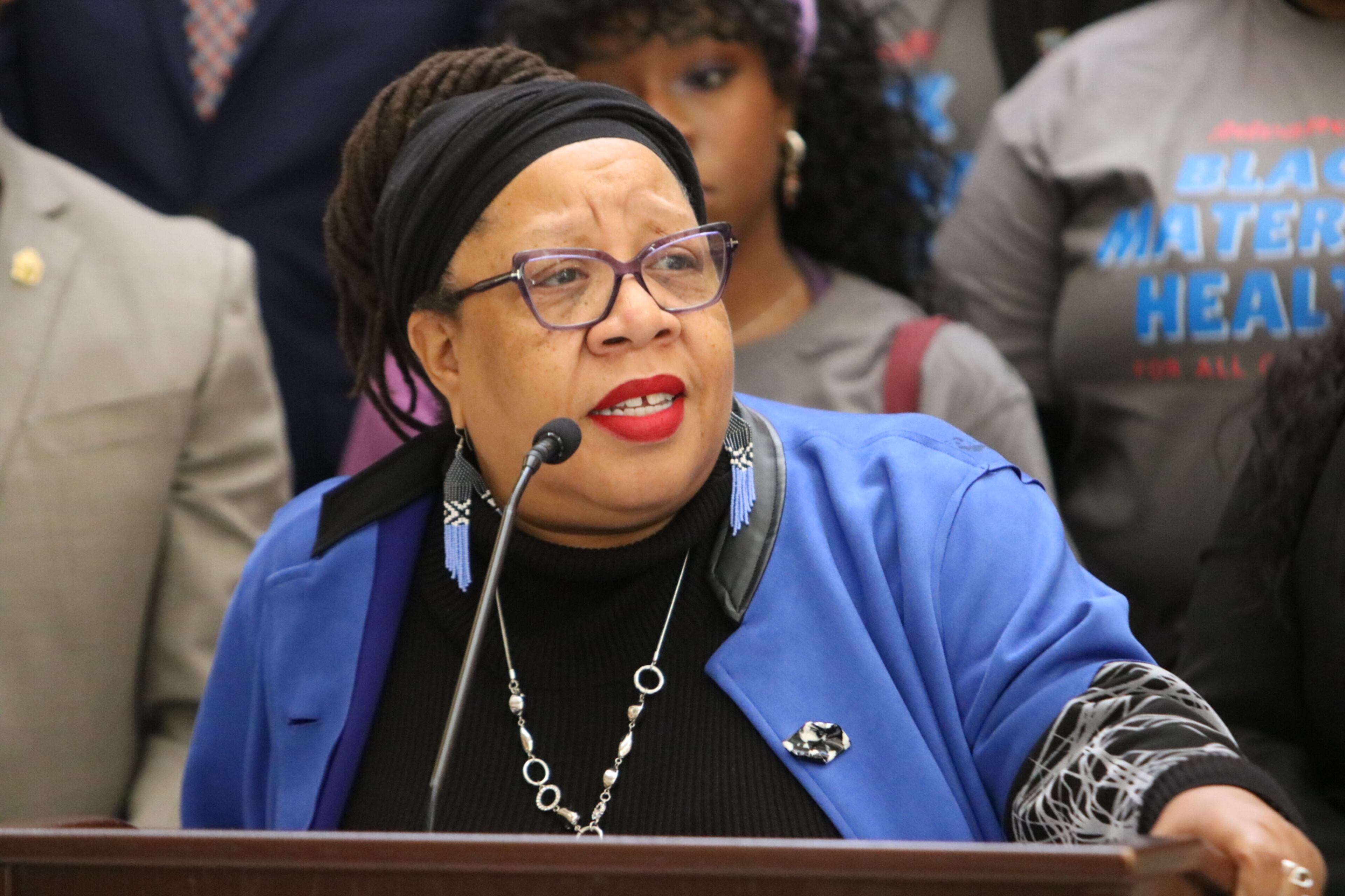 Dázon Dixon Diallo, founder and president of Atlanta-based women's HIV, sexual and reproductive justice nonprofit SisterLove, speaks at the Georgia State Capitol at a Black Maternal Health Press Conference in March 2025. (Courtesy of SisterLove)