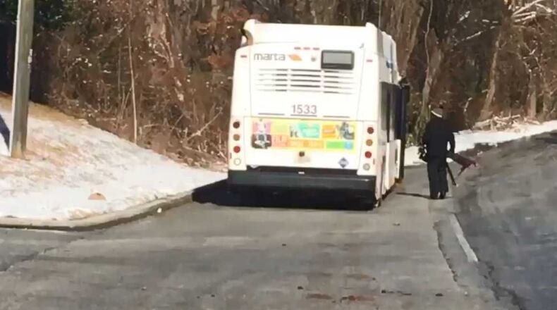 A MARTA bus skidded off an icy Panthersville Road in DeKalb County on Wednesday morning.
