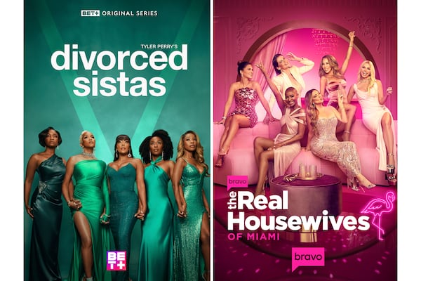 This combination of images shows promotional art for "Divorced Sistas," left, and "The Real Housewives of Miami." (BET+/Bravo via AP)