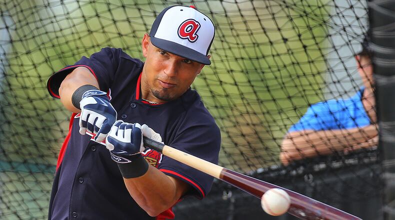 030215 LAKE BUENA VISTA: Braves infielder Jace Peterson gets a hit during batting practice at spring training on Monday, March 2, 2015, in Lake Buena Vista, Fla. Curtis Compton / ccompton@ajc.com Jace Peterson is among the Braves newcomers who've added energy and enthusiasm. (Curtis Compton/AJC photo)