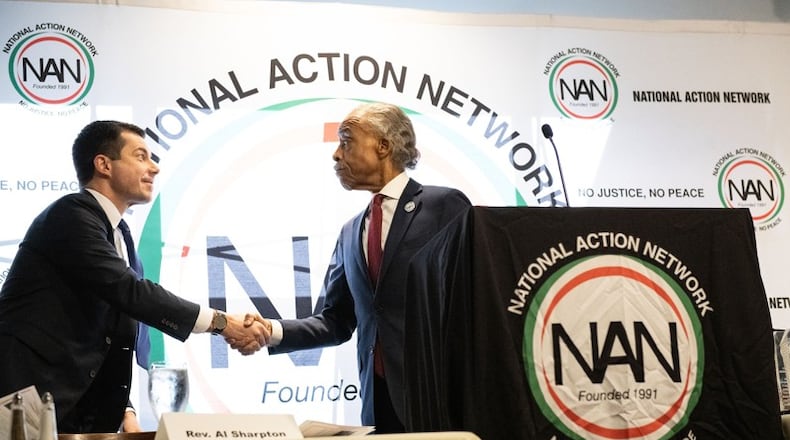 Rev. Al Sharpton greets Mayor Pete Buttigieg at Paschal’s Restaurant during National Action Networkss (NAN) Southeast Regional Conference in Atlanta, Ga Thursday, Nov 22, 2019. PHOTO BY ELISSA BENZIE