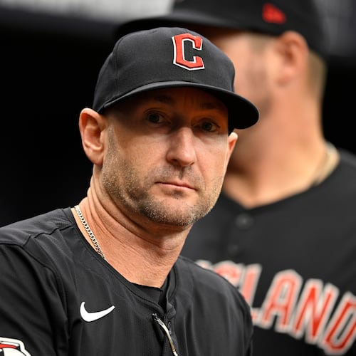 FILE - Cleveland Guardians bench coach Craig Albernaz looks on from the dugout before a baseball game against the Tampa Bay Rays, July 14, 2024, in St. Petersburg, Fla. (AP Photo/Phelan M. Ebenhack, File)