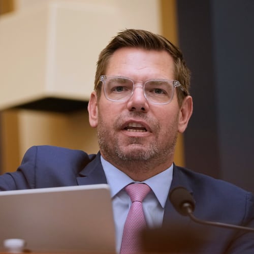 FILE - Rep. Eric Swalwell, D-Calif., speaks during a House Judiciary Committee, on Capitol Hill in Washington, Sept. 17, 2025. (AP Photo/Mark Schiefelbein, File)