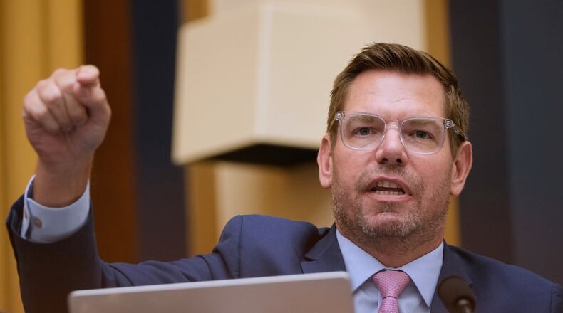 FILE - Rep. Eric Swalwell, D-Calif., speaks during a House Judiciary Committee, on Capitol Hill in Washington, Sept. 17, 2025. (AP Photo/Mark Schiefelbein, File)