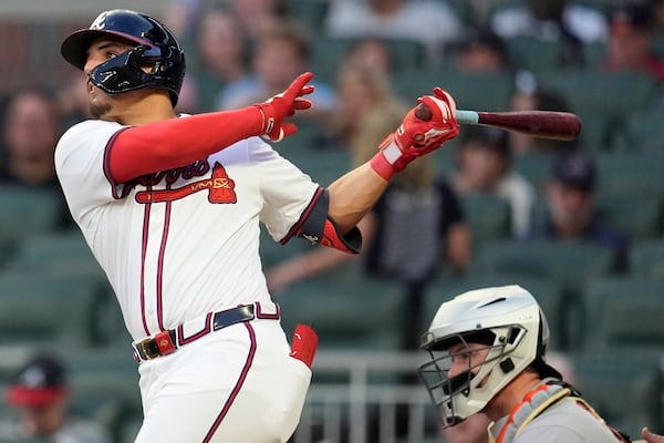 Atlanta Braves shortstop Nacho Alvarez Jr. (67) hits a single in the third inning of a baseball game against the San Francisco Giants, Monday, July 21, 2025, in Atlanta. (AP Photo/Mike Stewart)