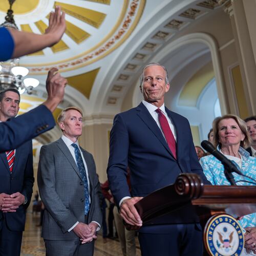 Senate Majority Leader John Thune, R-S.D., joined from left by Sen. Tom Cotton, R-Ark., Sen. James Lankford, R-Okla., and Sen. Shelley Moore Capito, R-W.Va., speaks to reporters after a closed-door meeting with fellow Republicans, at the Capitol in Washington, Tuesday, June 2, 2026. (AP Photo/J. Scott Applewhite) CORRECTION: Sen. Tom Cotton, R-Ark., not Sen. Josh Hawley, R-Mo.