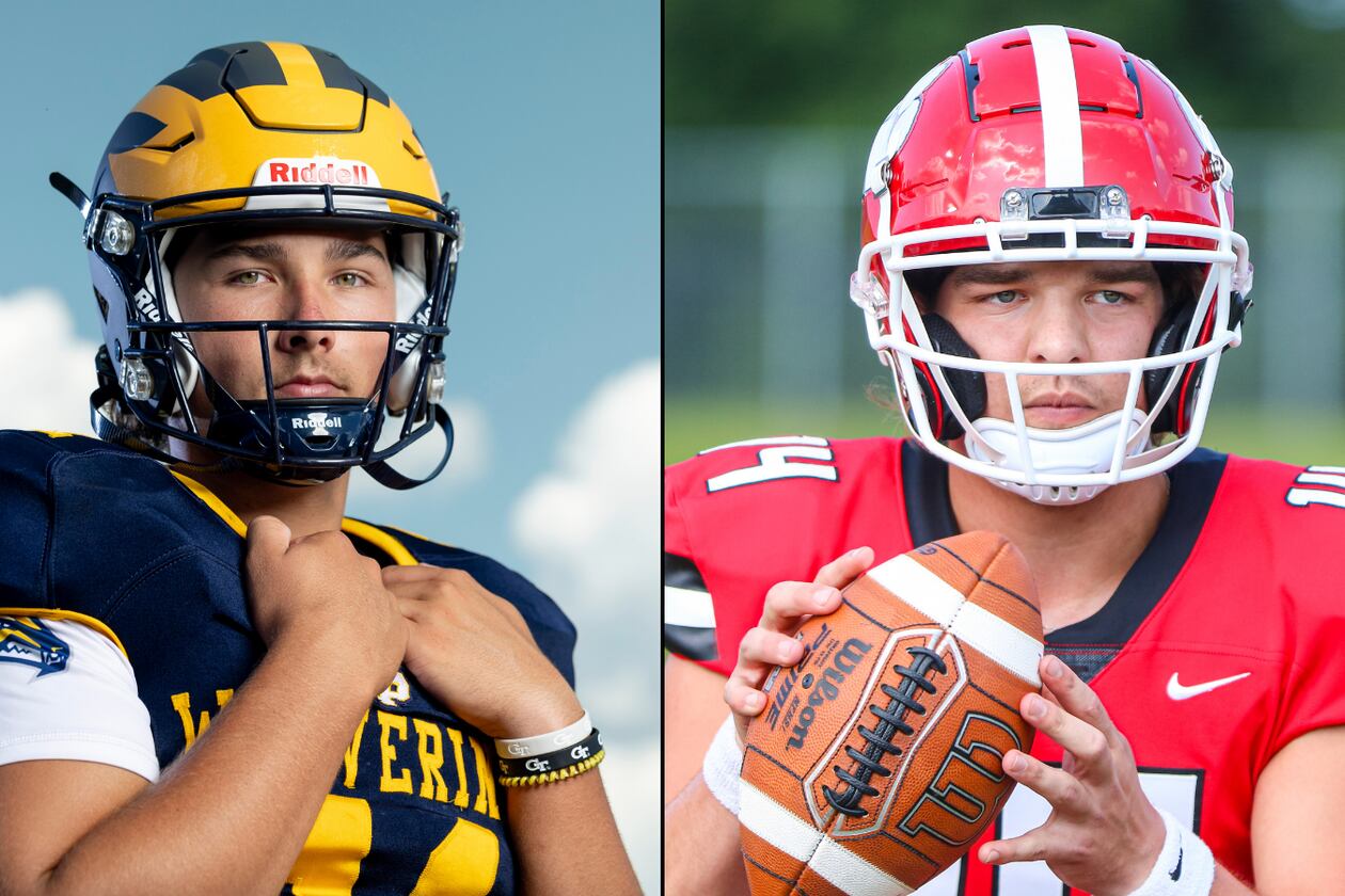 Aaron Philo (left) and Gunner Stockton are two of the most accomplished quarterbacks in Georgia high school football history. Now, they could be facing off in Atlanta as the starting quarterbacks for Florida and Georgia, respectively, on Oct. 31, 2026. (Jason Getz/AJC and Jeff Sentell/DawgNation)