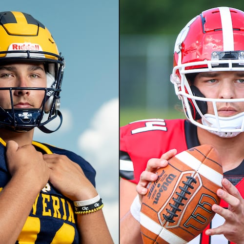 Aaron Philo (left) and Gunner Stockton are two of the most accomplished quarterbacks in Georgia high school football history. Now, they could be facing off in Atlanta as the starting quarterbacks for Florida and Georgia, respectively, on Oct. 31, 2026. (Jason Getz/AJC and Jeff Sentell/DawgNation)