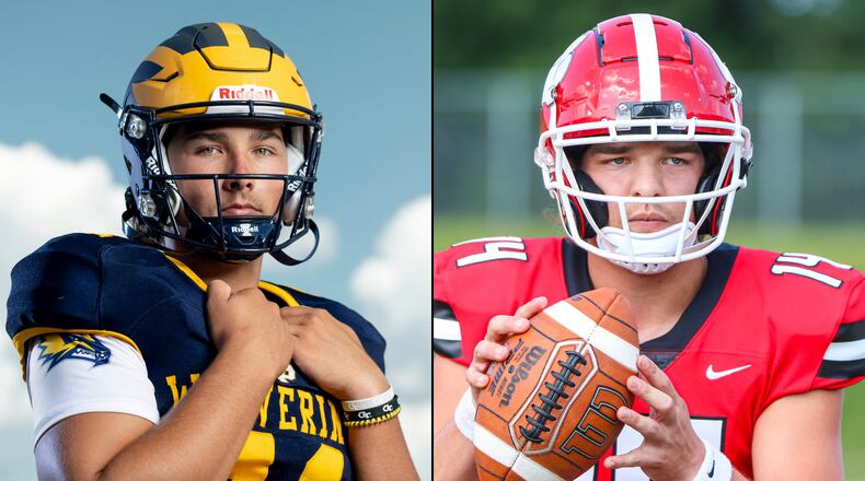 Aaron Philo (left) and Gunner Stockton are two of the most accomplished quarterbacks in Georgia high school football history. Now, they could be facing off in Atlanta as the starting quarterbacks for Florida and Georgia, respectively, on Oct. 31, 2026. (Jason Getz/AJC and Jeff Sentell/DawgNation)