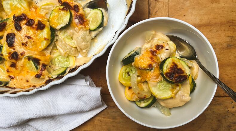 Yellow and zucchini squash are par-cooked then coated in cheese sauce and broiled for a quick summertime gratin.
(Virginia Willis for The Atlanta Journal-Constitution)